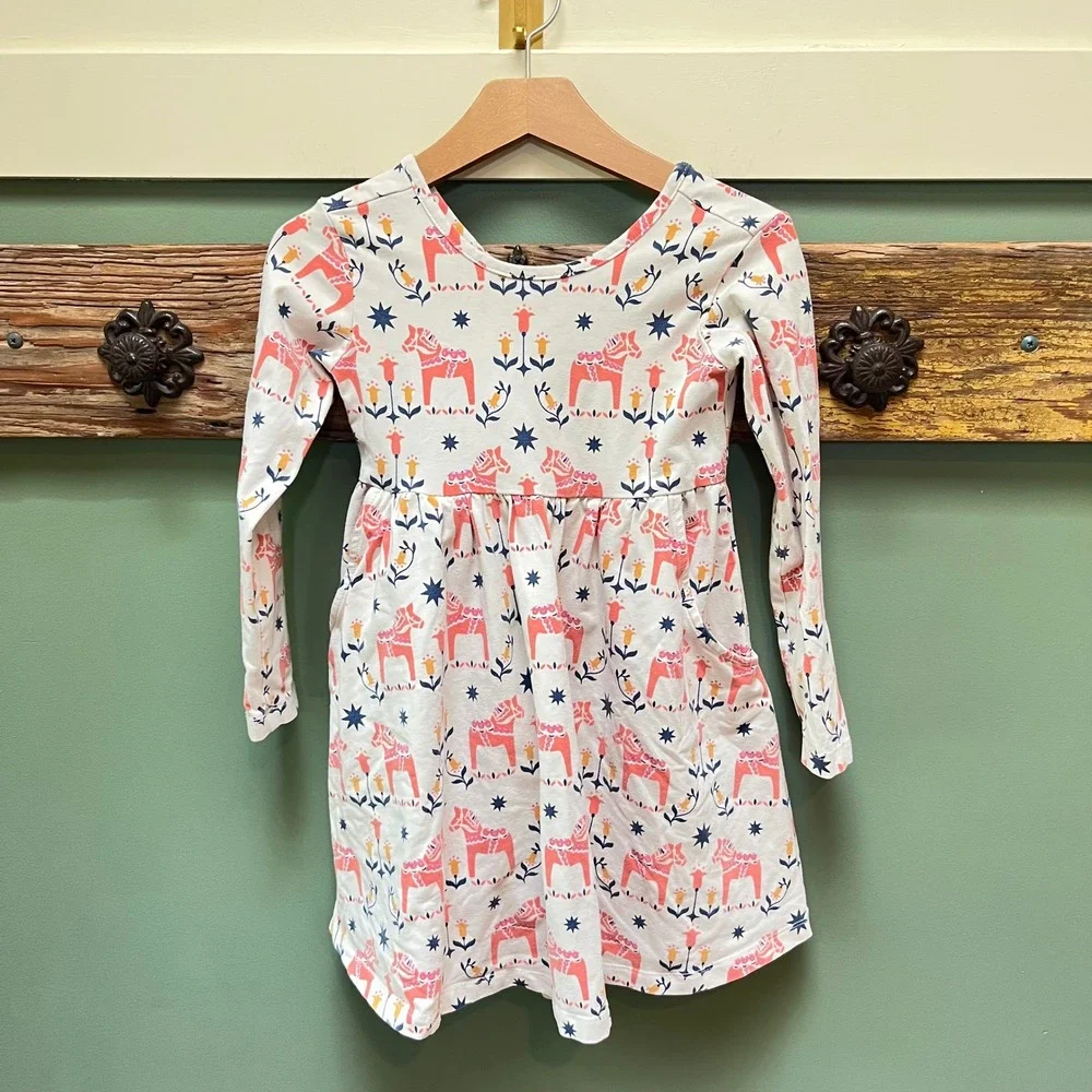 Hanna Andersson Girls Dala Horse Floral Long Sleeve Pocket Dress White US 5